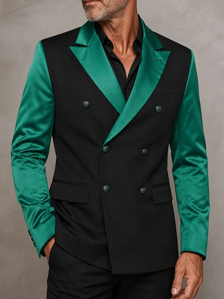 Men's High Quality Black Green Satin Blazer Peak Lapel Double Breasted Slim Fit Suit Jacket for Wedding Banquet Formal Occasions
