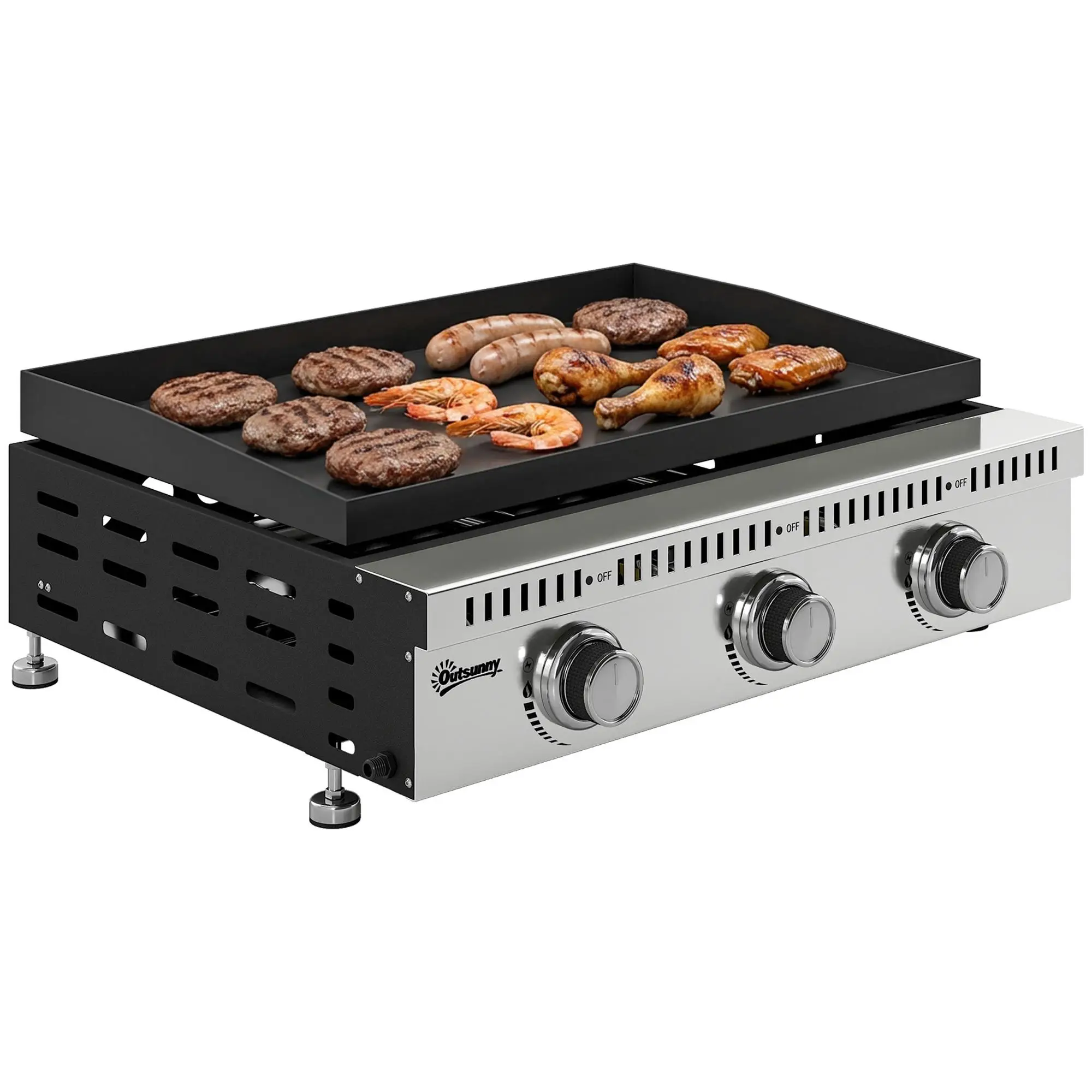 Barbecue à gaz 9 kW en acier inoxydable à 3 brûleurs, surface de cuisson 56,5x33 cm, noir avec bac à graisse