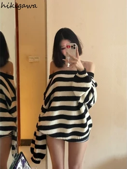 Casual Striped Women Pullovers Oversized Tops Sueter Mujer Slash Neck Sexy Jumper Chic Knitted Sweater 2025 Fall Winter Clothing 5