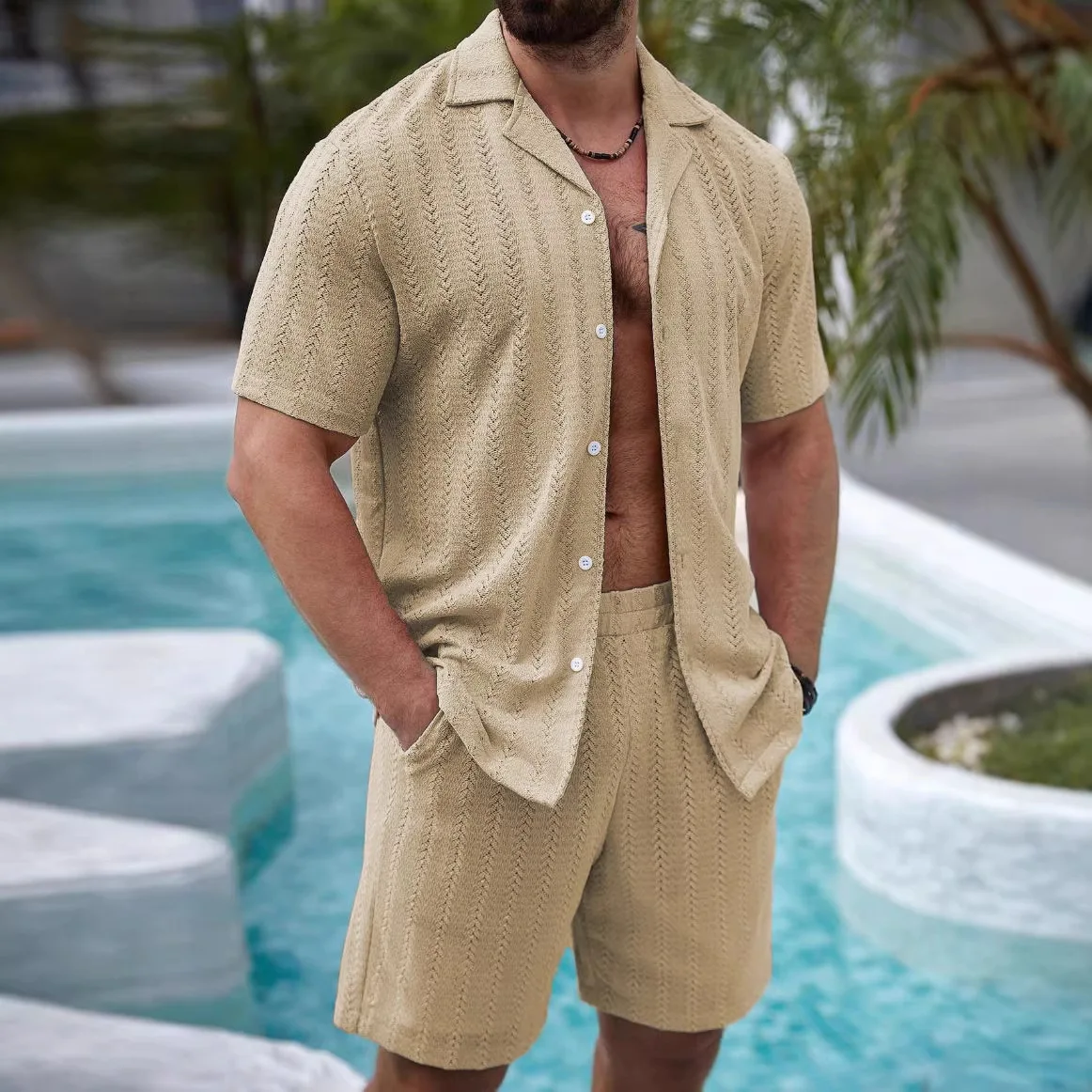 men's-pure-color-button-shirt-and-shorts-set-casual-summer-vacation-wear-comfortable-breathable-polyester-blend-short-sleeve