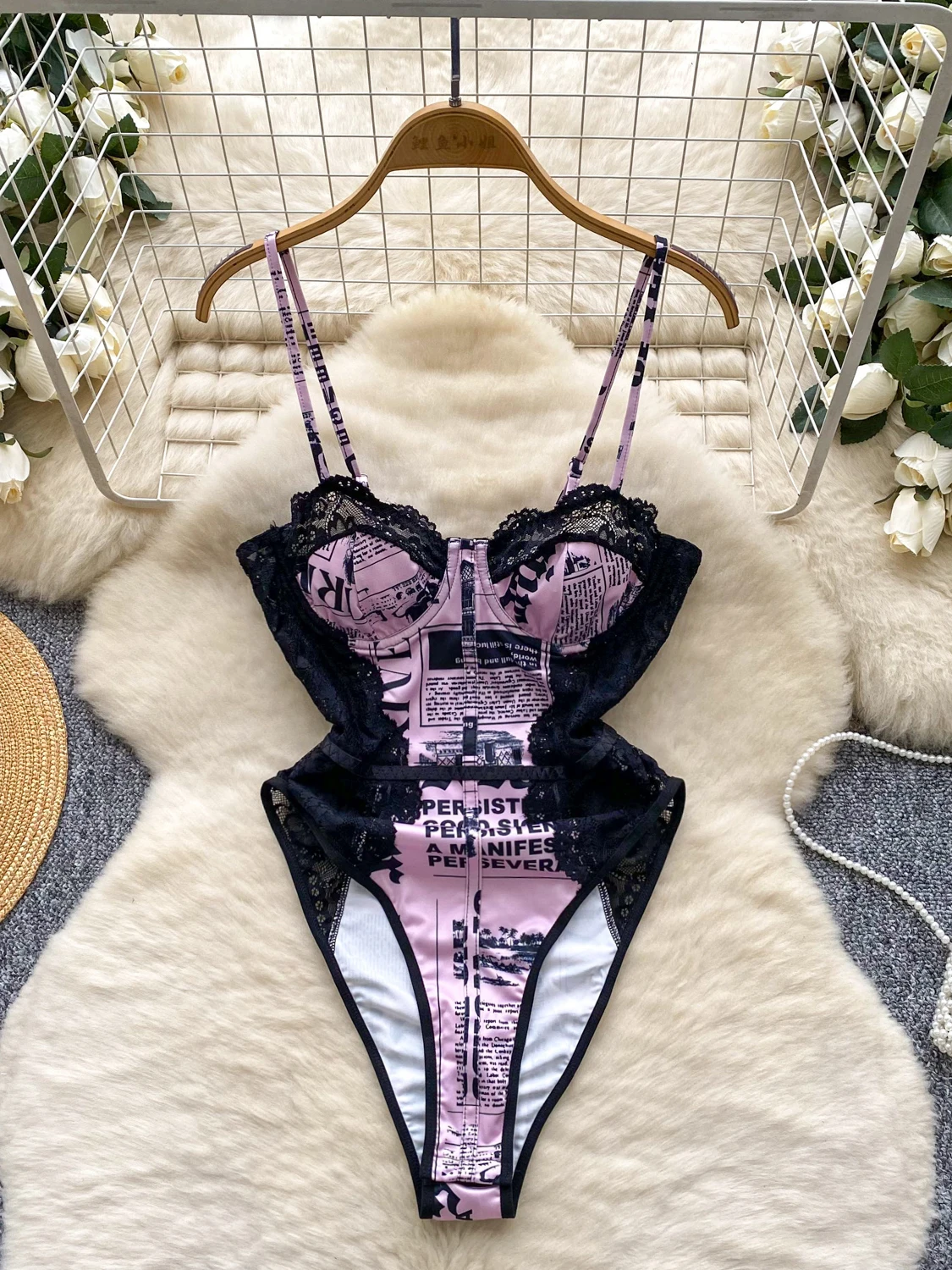 

Women Pink Lace Patchwork Jumpsuits Letter Print Overalls Y2k Off Shoulder Sissy Exotic Playsuits Vintage Rompers Clothes Summer