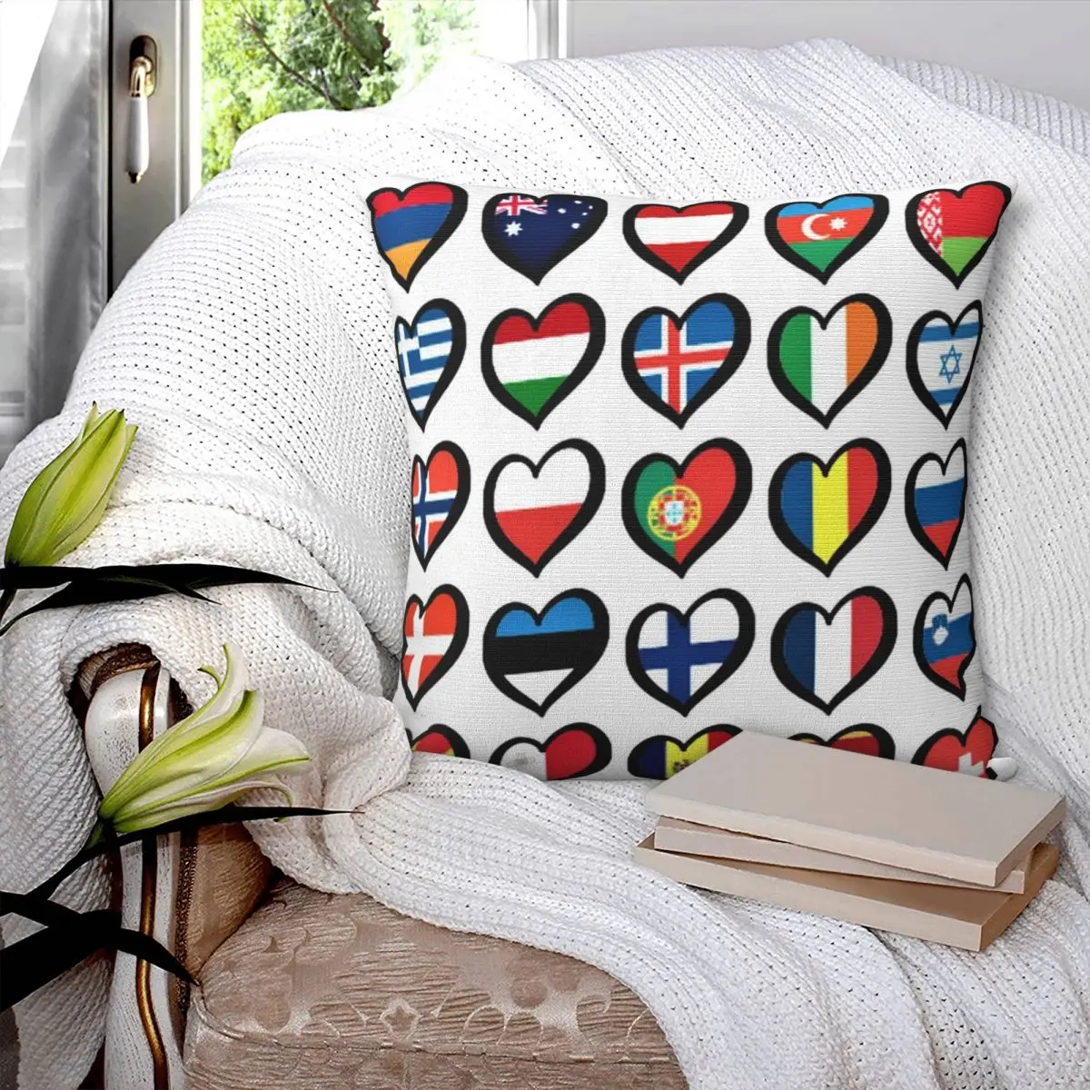 Eurovision Song Contest Flags Hearts Square Pillowcase Polyester Pillow Cover  Decor Comfort Throw Pillow For Home Living Room