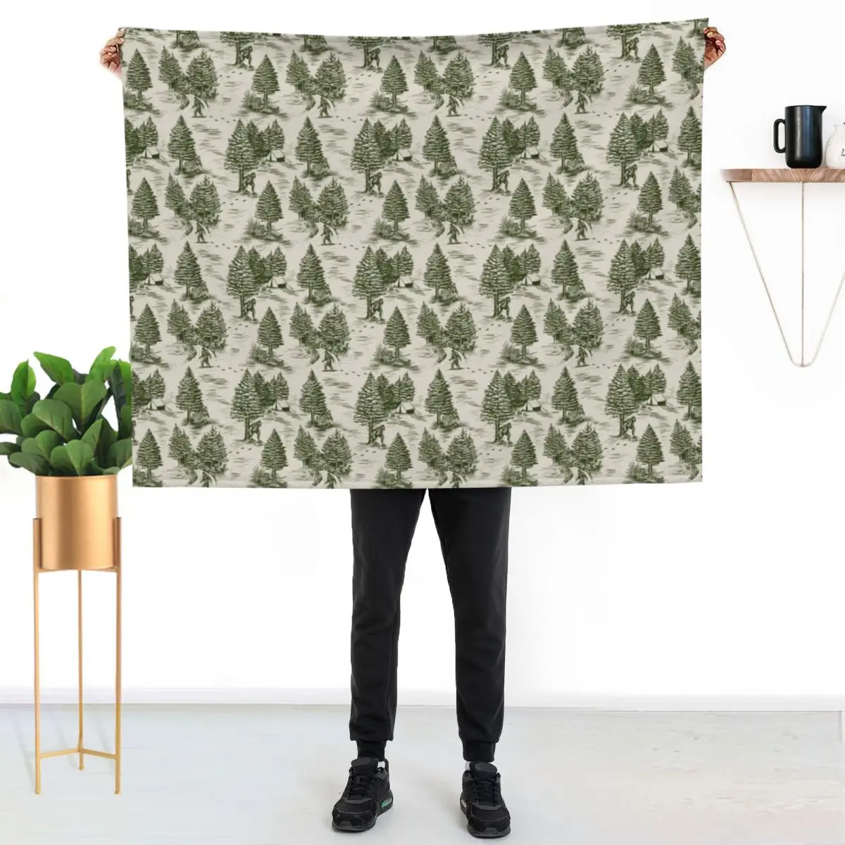 Bigfoot / Sasquatch Toile de Jouy in Forest Green Throw Blanket Reusable Durable Soft Blanket for All Seasons