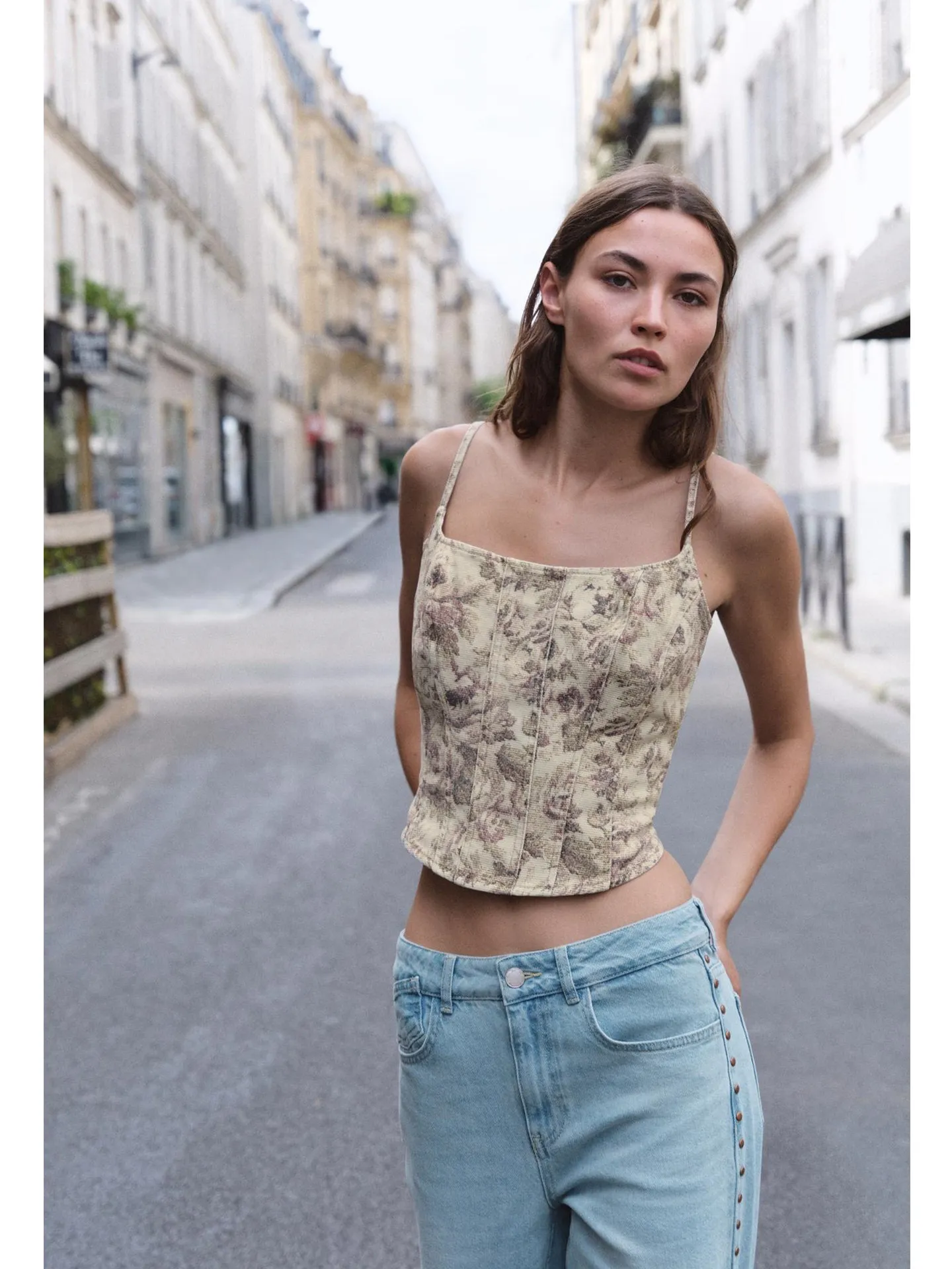 New Autumn Women's Denim Halter Neck Zipper Floral Print Short Top Straight Collar Fashionable Casual Slim Fit Polyester Vest