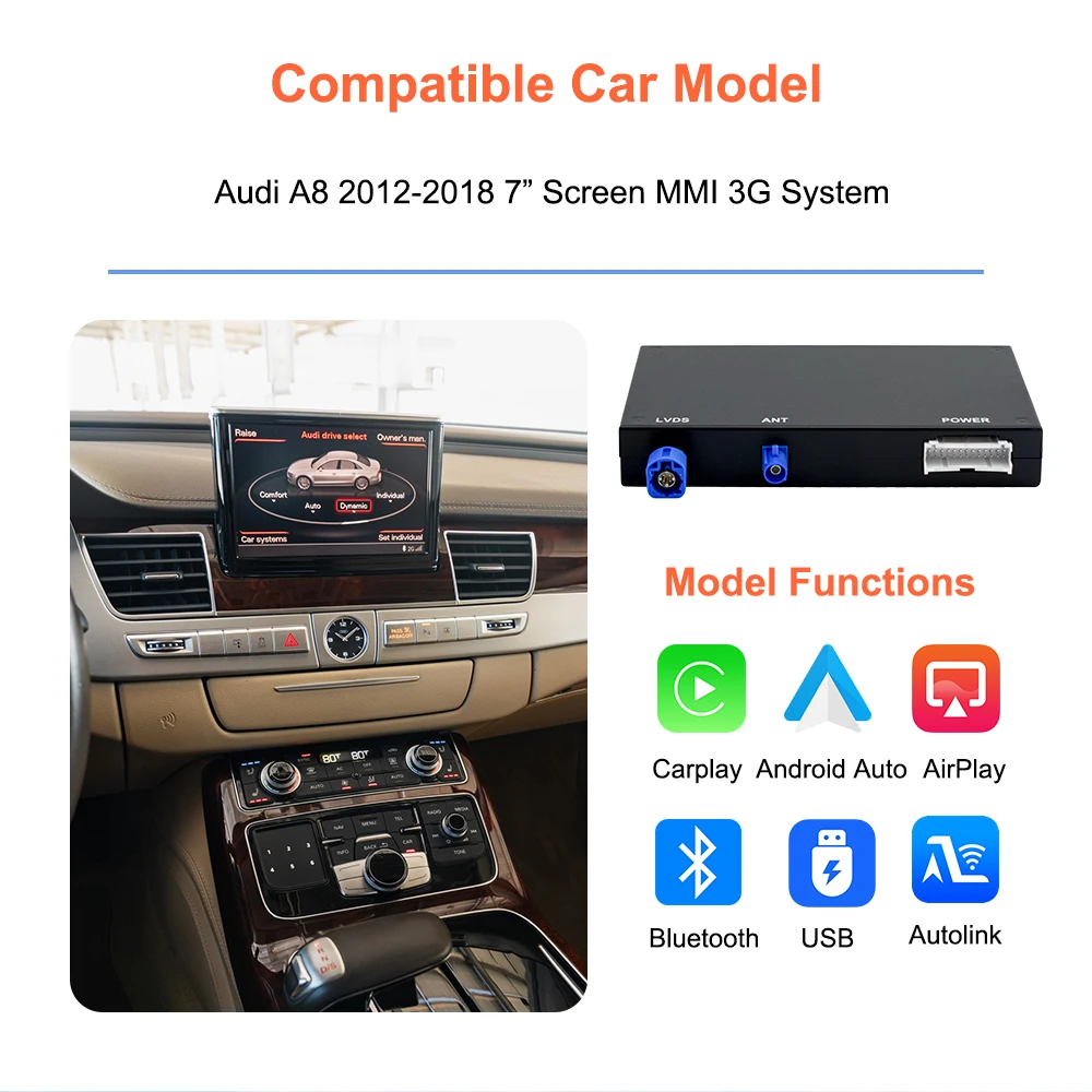 Bonroad Linux Kabelloses CarPlay Android Auto Interface für Audi A8 2012-2018 MMI 3G System 7-Zoll-Bildschirm Upgrade Decoder Box Airplay – Detail 4