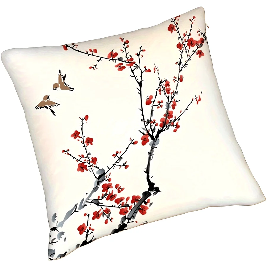 1pc Ink‑Style Plum Blossom & Birds Double‑Sided Print Pillow Cover, Cushion Case for Sofa Bedroom, Insert Not Included