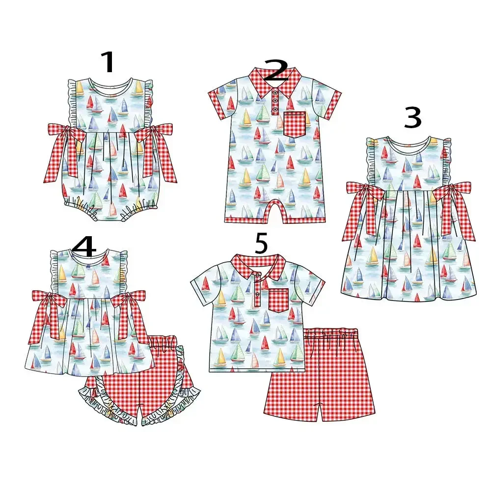

Toddler Cute Sailboat Print Bodysuit Dress And Shirt Shorts Set Decorated With Red Checkered Bow
