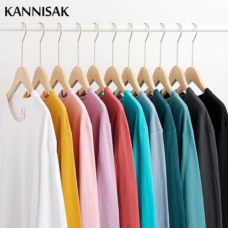 KANNISAK Women T-shirts Spring Long Sleeve Quality 100% Cotton Casual Harajuku T Shirt Solid O-neck Oversized Couple Basic Shirt