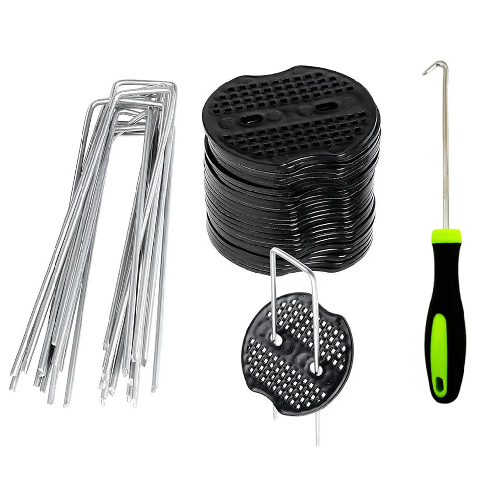 Landscape Staples Set,6 Inch 50pcs Galvanized Garden Stakes+50pcs Gaskets +1Pick Hook,U-Shaped Tent Pins for Weed Fabric Barrier