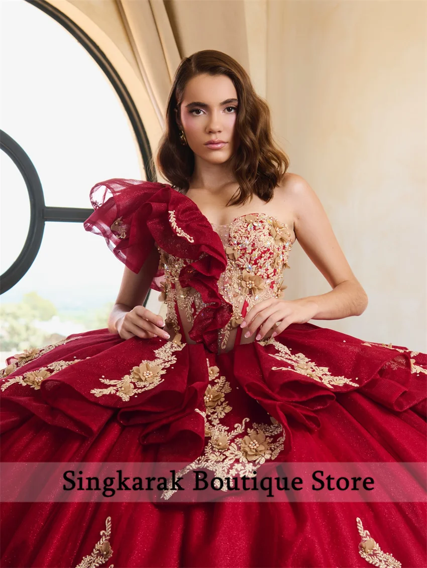 Luksusowe czerwone suknie Quinceañera w stylu księżniczki, gorset z kwiatami, kryształy, sznurowane, aplikacje, vestido de 15 quinceañera, szyte na miarę