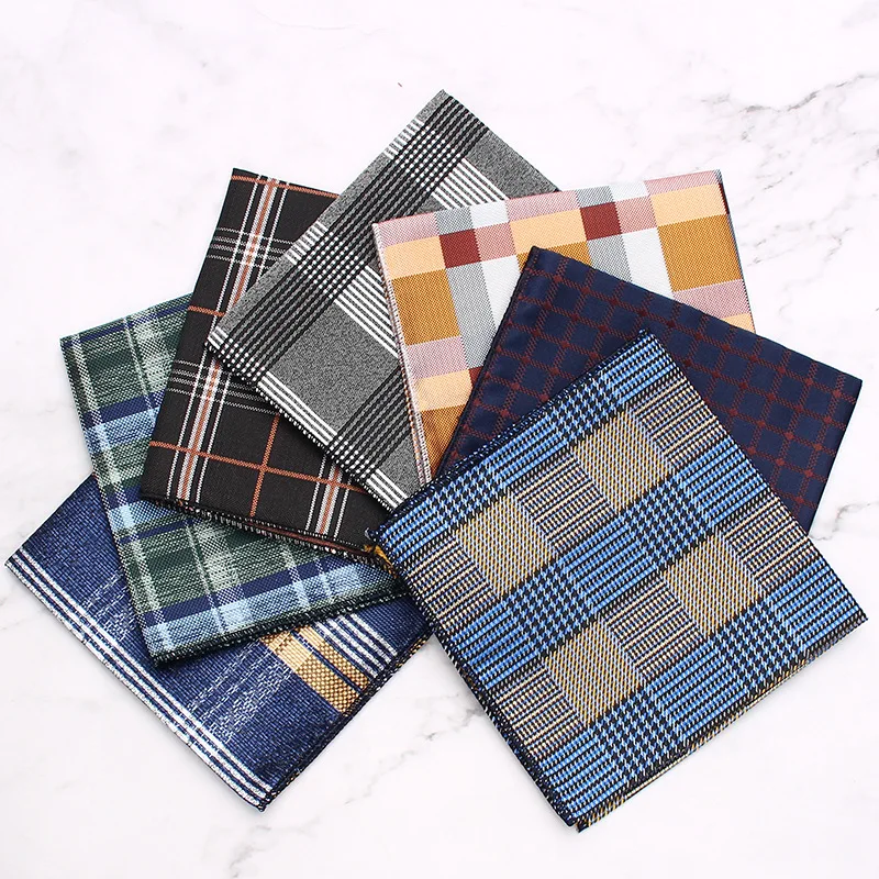 26cm Brown Plaid Pocket Square For Men Formal Business Silk Handkerchief Elegant Gray Navy Hanky Tuxedo Suit Accessories Cravat