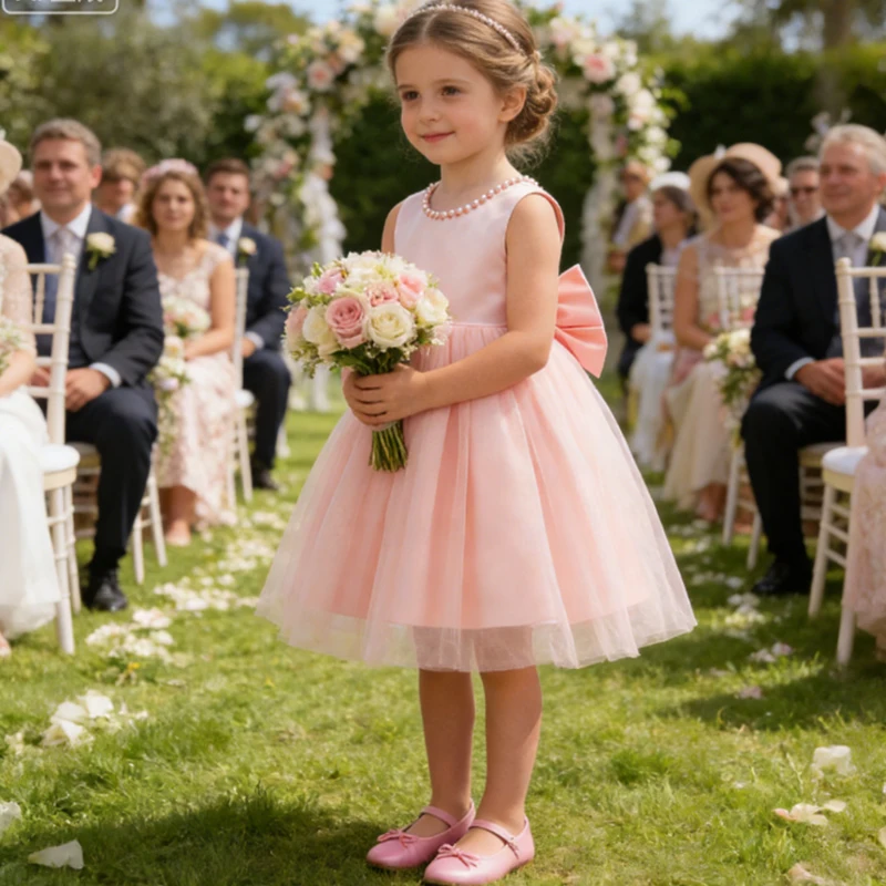 Weißes Prinzessinnenkleid für Mädchen, elegantes Geburtstags-, Hochzeits-, Brautjungfern-Luxus-Perlen-rückenfreies Festzug-Erstkommunionkleid mit großer Schleife