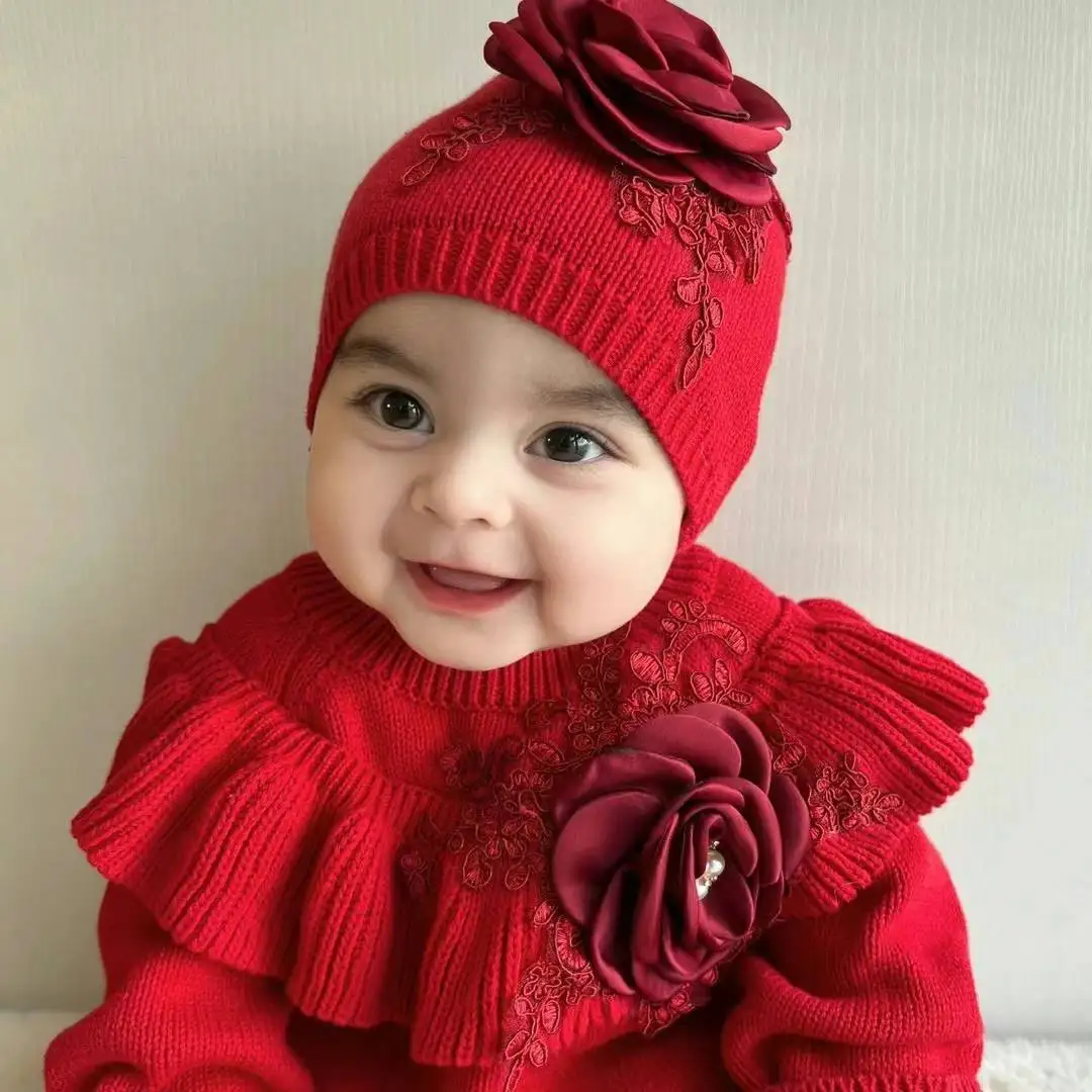 Christmas Baby Girl Red Sweater Outfit Toddler Knitted Lace Flower Romper Jewelry Onesie Cotton Jumpsuit and Turban Hat Set