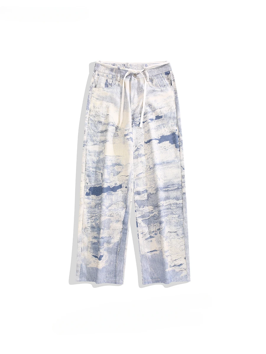 Trendy Brand Street Washed Tie-dye Niche Jeans Men Personality Hip Hop Casual Loose Wide-leg Straight Denim Pants Female Clothes