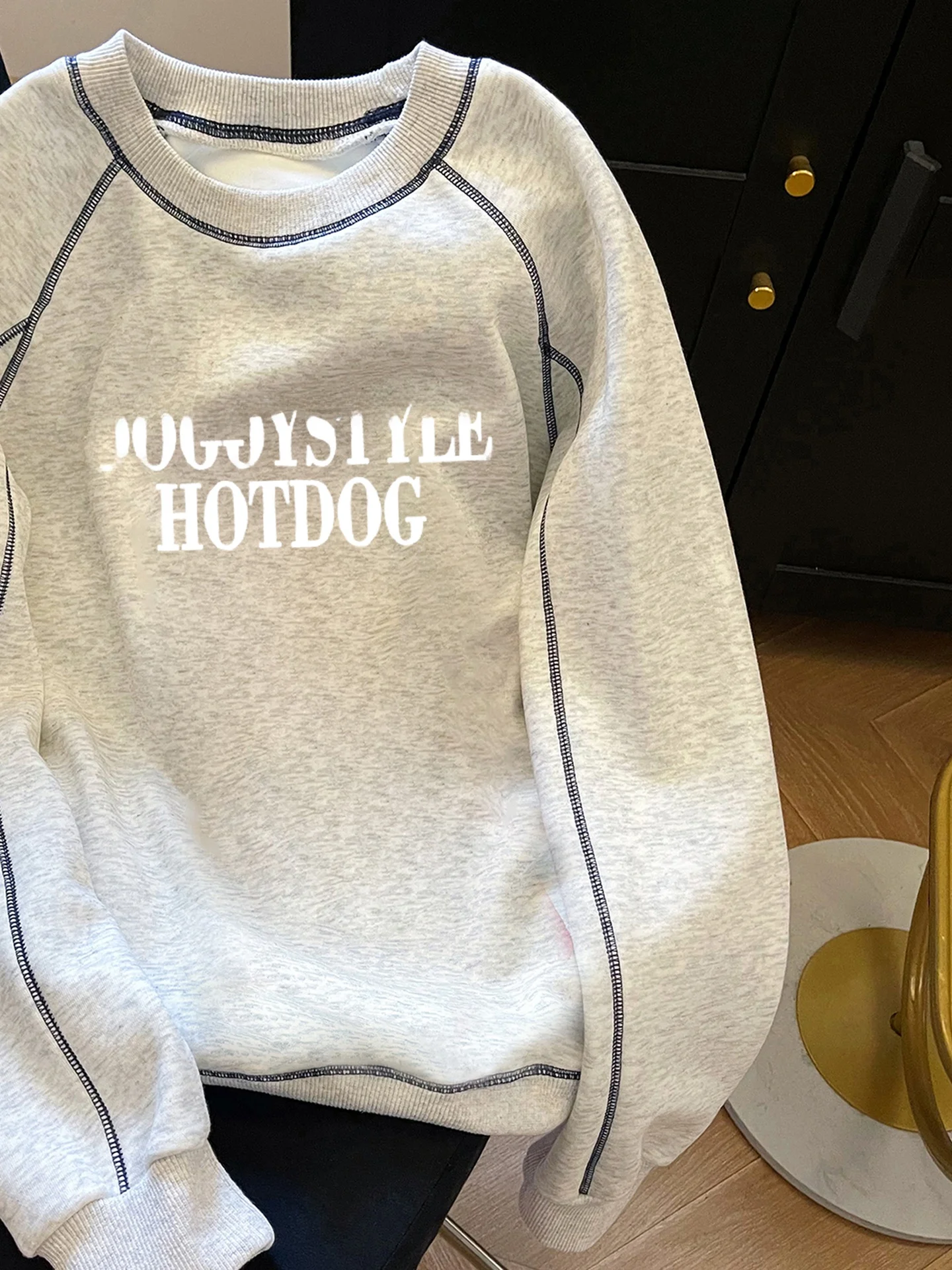 Retro Hong Kong Sle Long Sve sudadera suelta redonda Ne empalme Color Blo juvenil versátil mujer primavera otoño Top