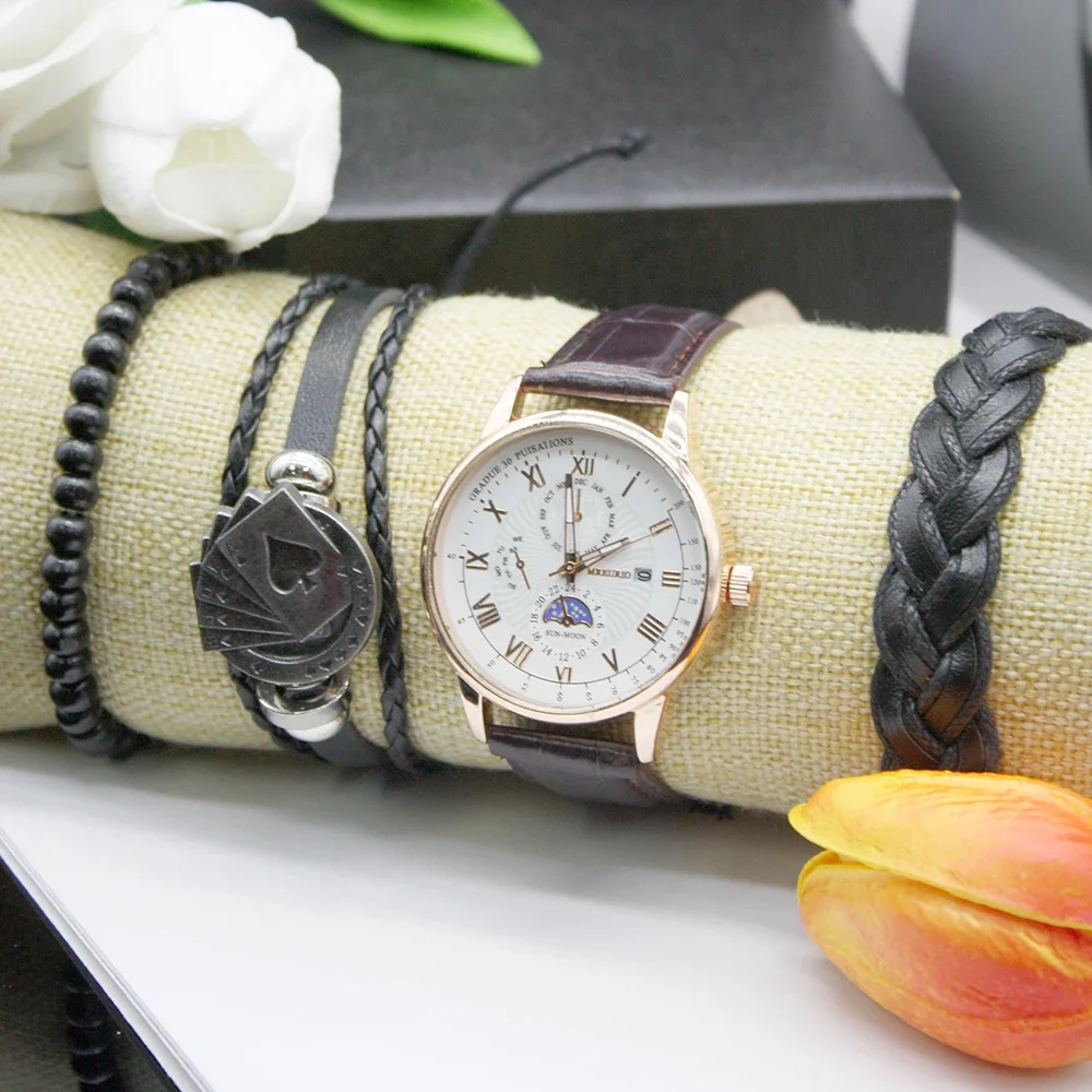 Часы наручные мужские кварцевые с кожаным ремешком, 5 шт./комплект