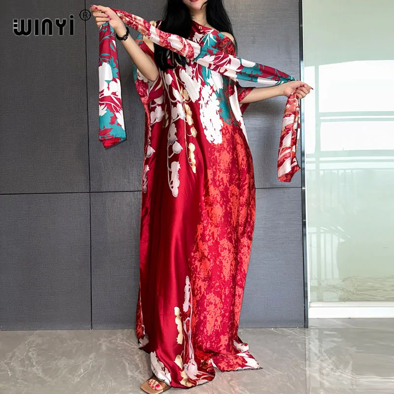 

WINYI Africa summer Long Dress with belt Women fashion Print kaftan Casual Elegant Holiday summer Maxi silk Bohemian party dress