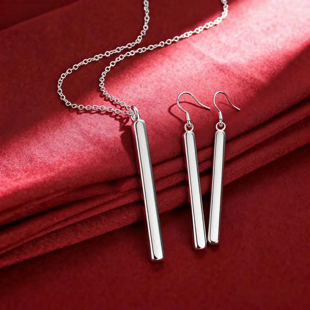 New Trendy 925 Sterling Silver Luxury Cuboid Pendant Necklace Earring For Women Fashion Jewelry Sets Gift Wedding Accessories