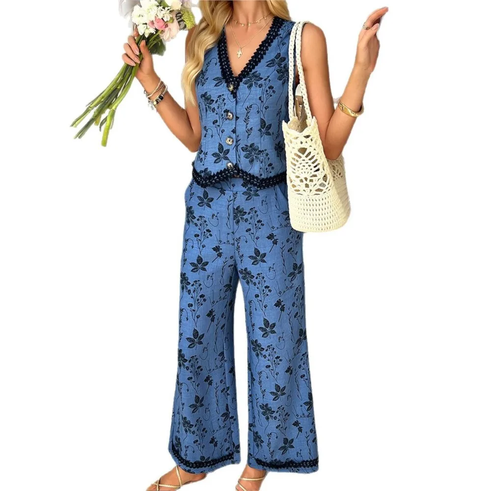 الربيع الصيف البوهيمي المطبوعة الدانتيل سترة سترة السراويل الطويلة المرأة 2 قطعة موضة عادية أنيقة الإناث جيب السراويل الطويلة مجموعة