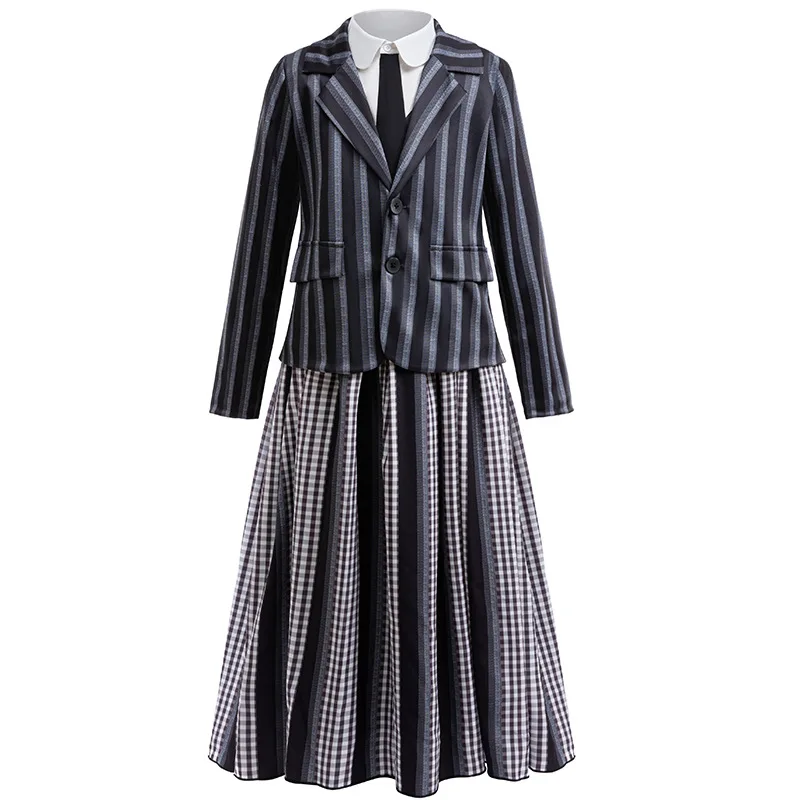 Teen Spooky Cosplay Anime Striped Costume School Uniform Wednesday Jacket Skirt Suit Wig Set Halloween Party Outfit for Girls