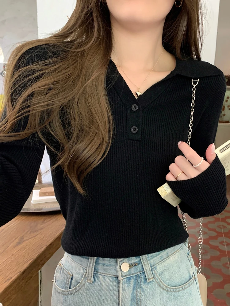 Female Sweater Autumn Winter Half-open V-lapel Pullover Korean Version of Long-sleeved Wearing Loose Sweater Slim Button Tops