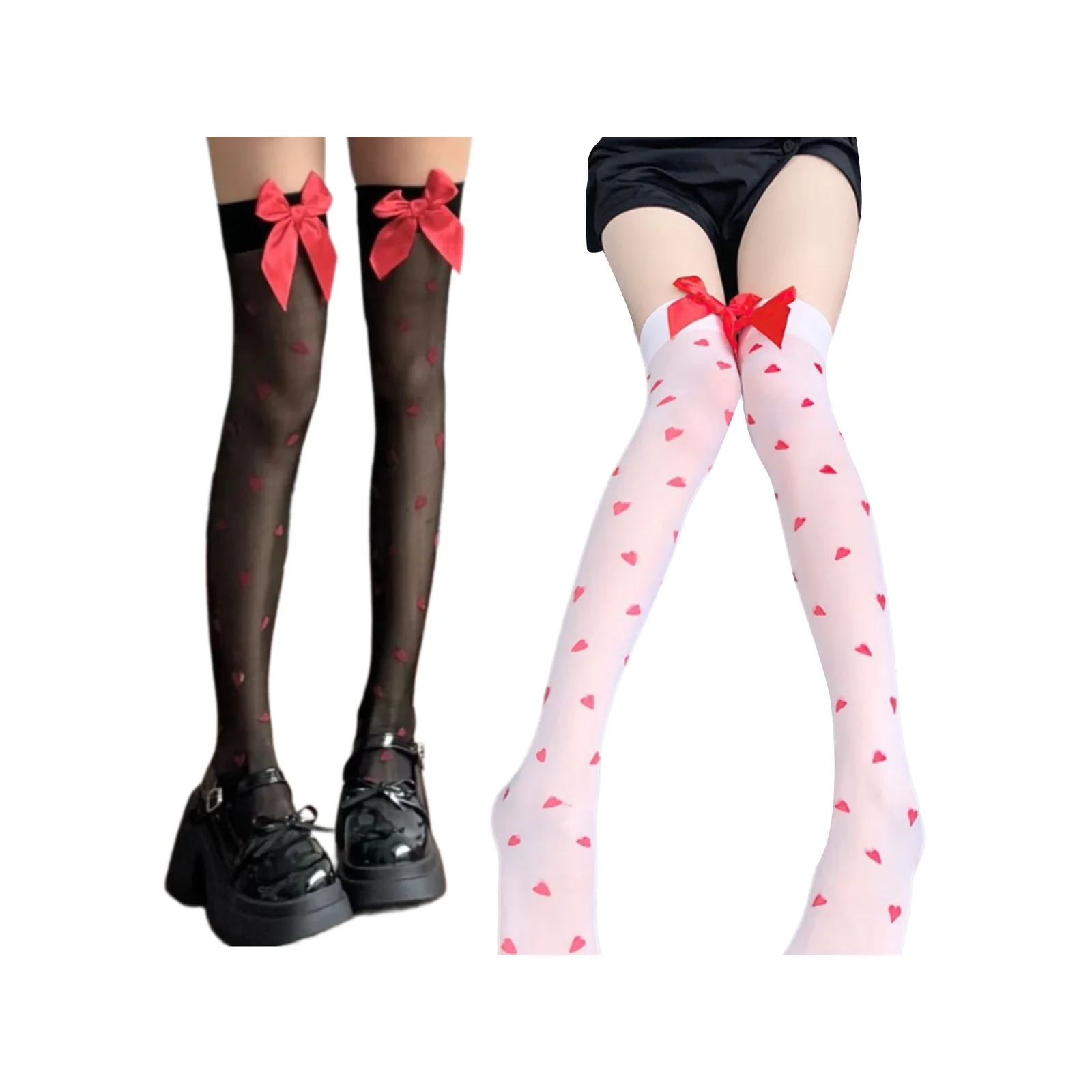 

Черные и белые ультратонкие чулки с красным бантом, 1 пара каждого цвета