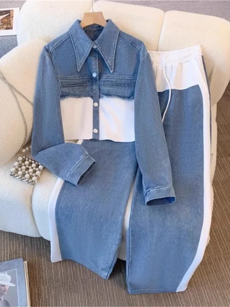

Denim Patchwork Pants Sets Women Fashion Long Sleeve Single-breasted Short Jacket Straight Trousers Two Piece Set Female New