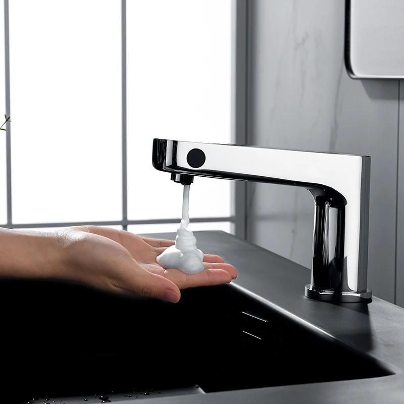 Commercial hotel three-in-one basin faucet with soap dispenser, alarm infrared sensor faucet when soap is used up