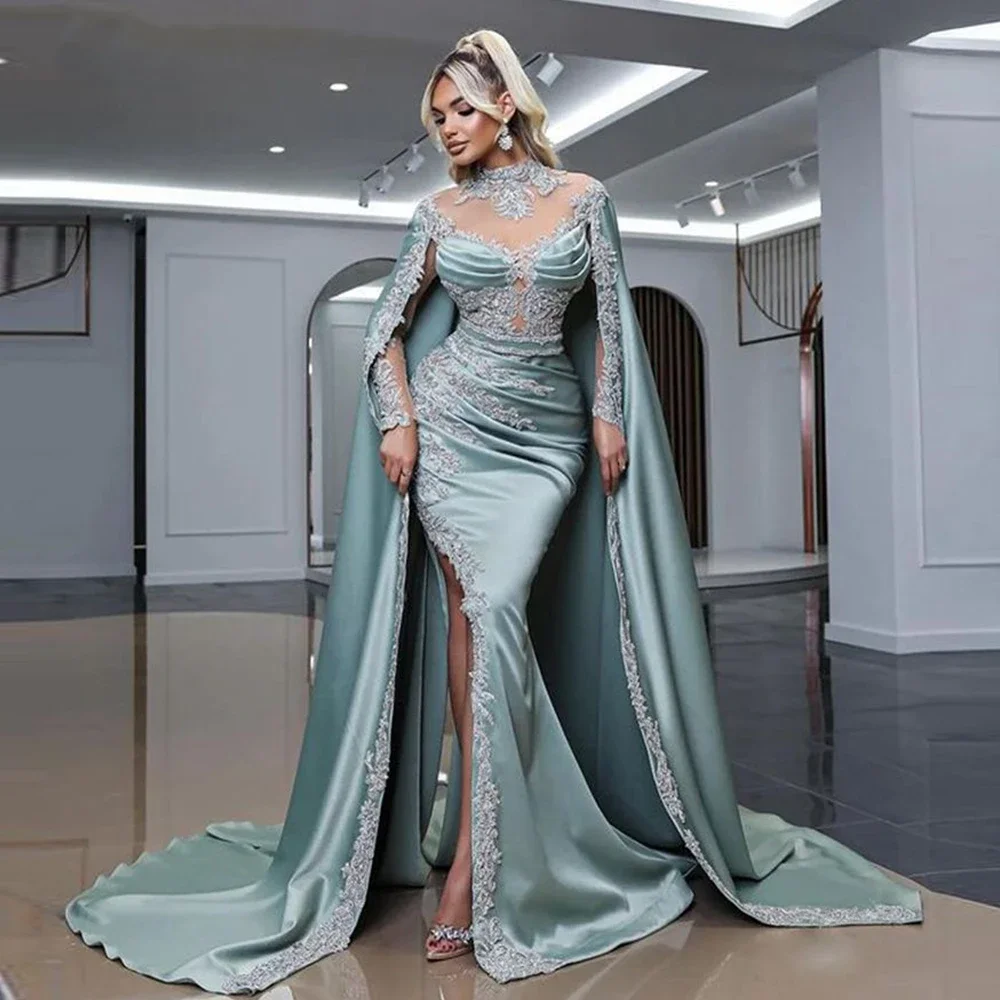 Kiss Dress Elegant 2023 Blue Green Shawl Long Sleeve Satin Evening Gowns Mermaid High Neck Decal Beaded Side Split Party Dresses