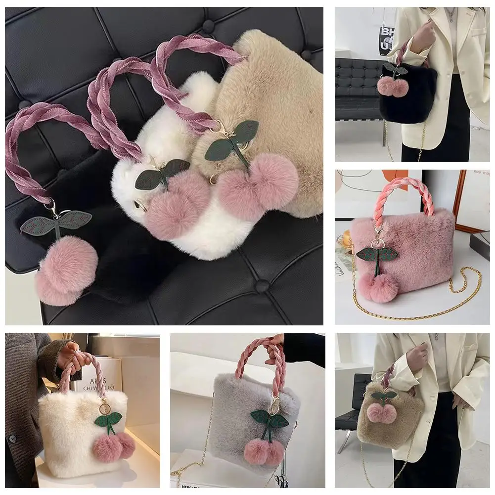 Versatile Cute Cherry Girl Plush Handbag for Women 2024 New Autumn/Winter Plush Single Shoulder Crossbody Bag for Women