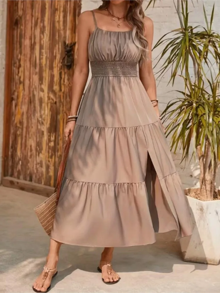 

Casual Holiday Ruffle Camisole Dress Spring And Summer Women's Solid Color Dress 2026 Women's Fashion Temperament Long Skirt