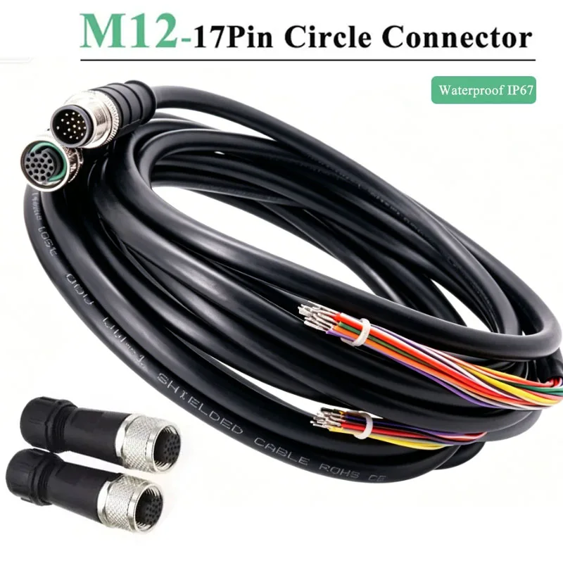 17Pin M12 Assembled Cable Connector Female Male Circle Plug Socket Elbow with Line 30V 1.5A M12 17pin Soldering Connectors IP67