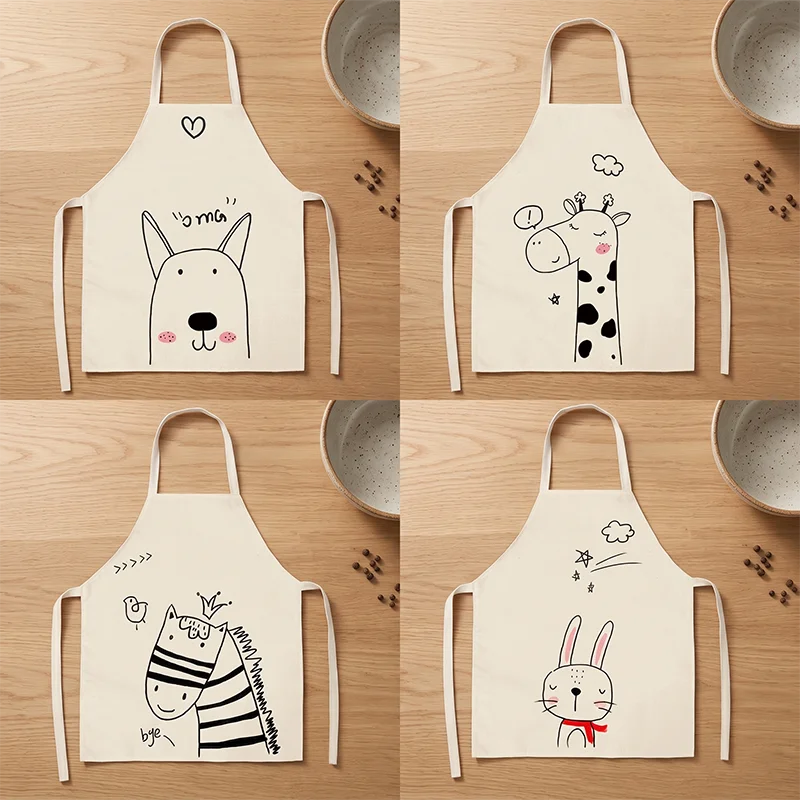 

Cartoon Dog Giraffe Zebra Rabbit Linen Apron Cute Kitchen Cooking Baking Accessories Women Barista Cafe Pinafore Fouling Bib