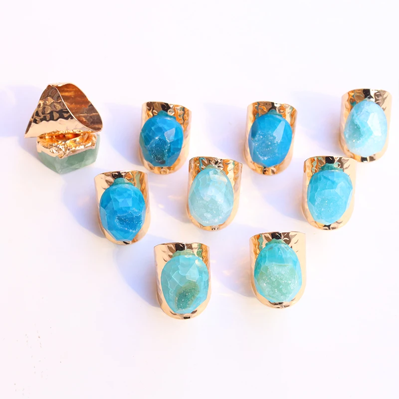 Irregular Natural Stone Geode Agate Slices Open Rings for Women Boho Resizable Ring Jewelry
