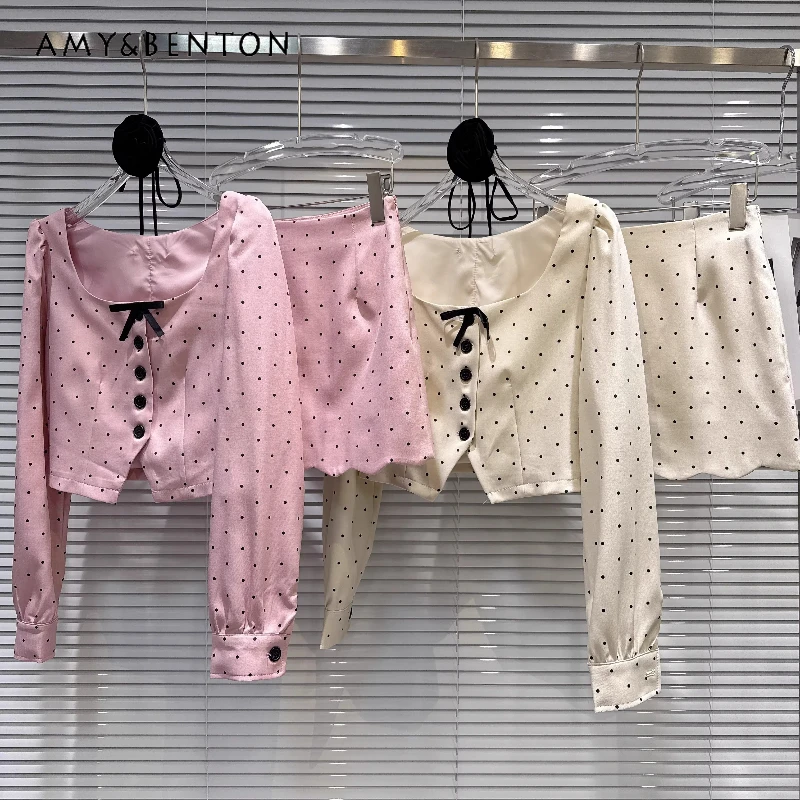 

2026 Spring New Style Lace-Up Floral Polka Dot Women's Top French Design Sweet Cool Ruffled Hem Mini Short Skirts Sets Ladies