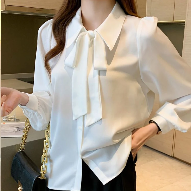 Autumn Elegant Fashon Office Lady Shirt Women All Match Chic Loose Casual Bow Turn Down Sleeve Lantern Sleeve Solid Color Top