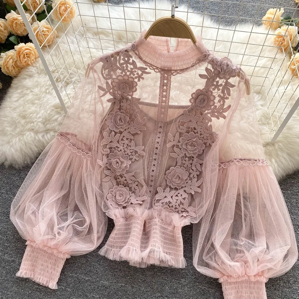 2 قطعة/المجموعة الدانتيل نفخة كم طويل بلوزة خمر بلوزات الموضة أنيقة فام Blusas الكورية بلايز النساء القمصان الملابس