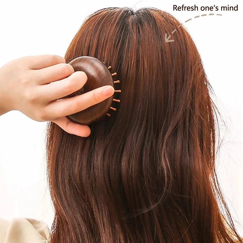 Round Sandalwood Airbag Hair Comb Scalp Relax Meridian Point Acupuncture Massager Anti-static Styling Tools