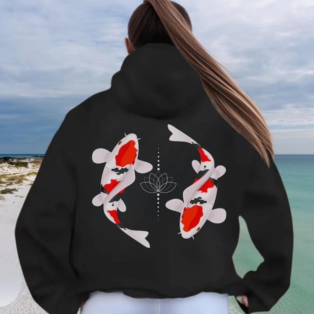 

Худи с дизайном карпа кои для любителей природы, унисекс, повседневная модная одежда, винтажный стиль, худи в стиле Харадзюку, уличная одежда