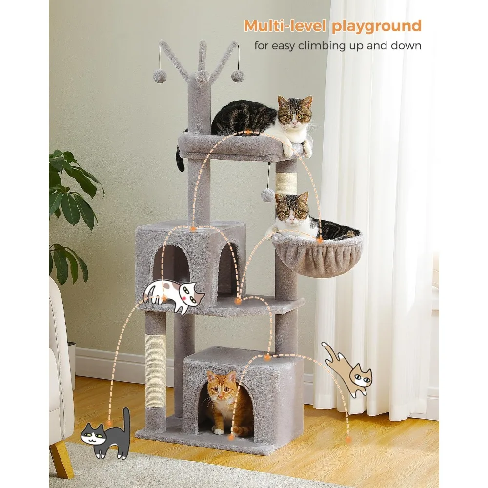 

53in Tall Cat Tree with 2 Cat Condos,Hammock and 3 Removable Pompom Sticks,Cat Tower with Scratching Posts for Small Cats,Gray