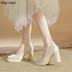 Platform high heels women chunky heels Mary Jane shoes Elegant satin square head Wedding shoes women Ankle buckle single shoes