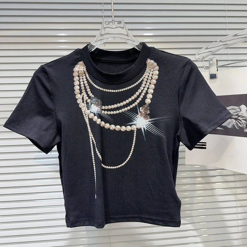 2025 Summer new personalized sparkling pearl pendant print with exposed navel casual  short sleeved T-shirt for women