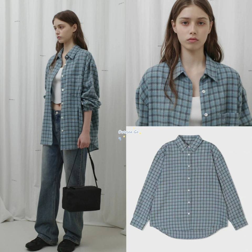 

Low Classic Loose Fit Retro Color Block Plaid Long Sleeve Shirt Casual Top Outerwear Women's Korean Style Pure Cotton Button up