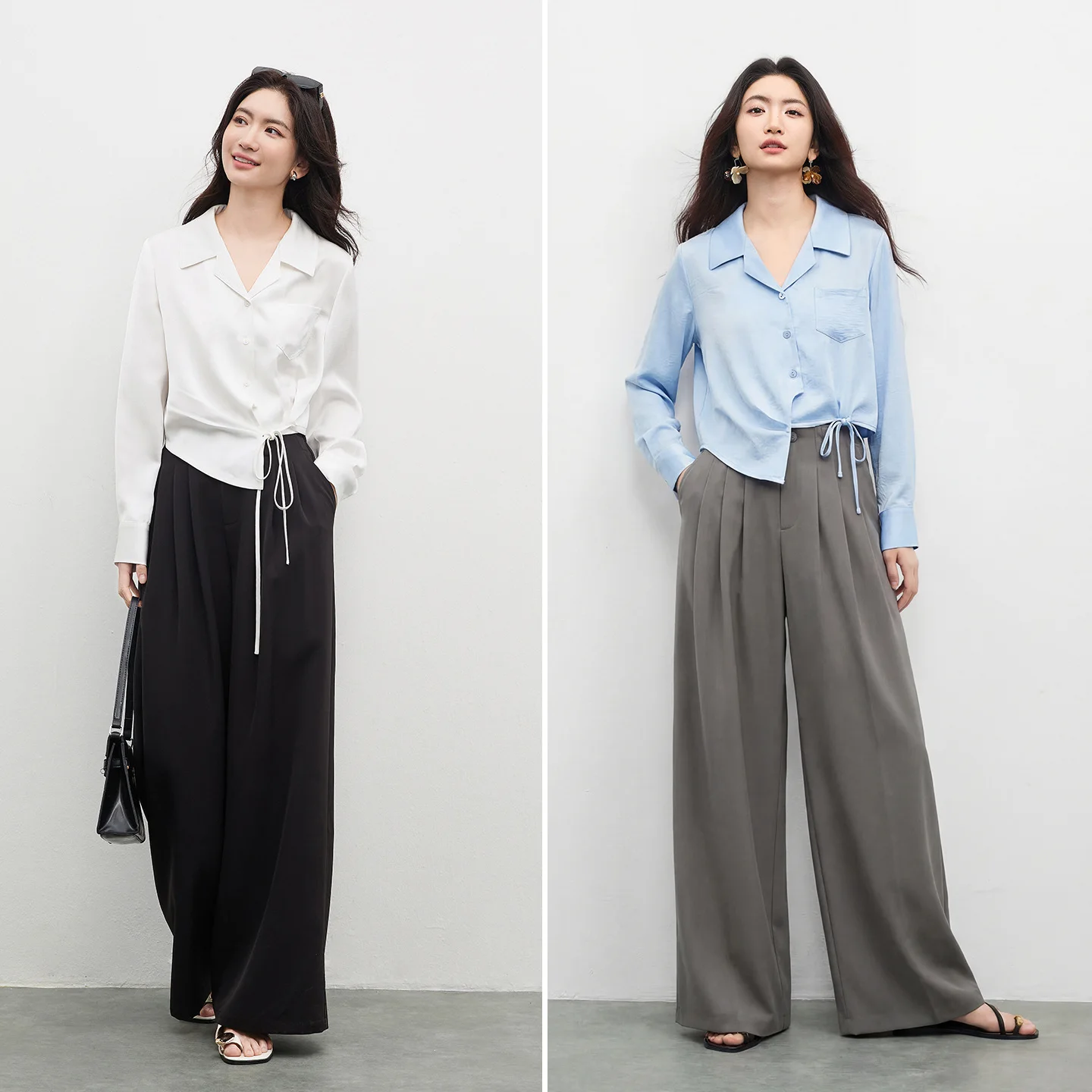 SENDUBILA Women's Elegant 2 Piece Woman Outfit 2026 Spring Autumn Tie Front Satin Feel Short Shirt Draped Suit Pant 161ZA5889
