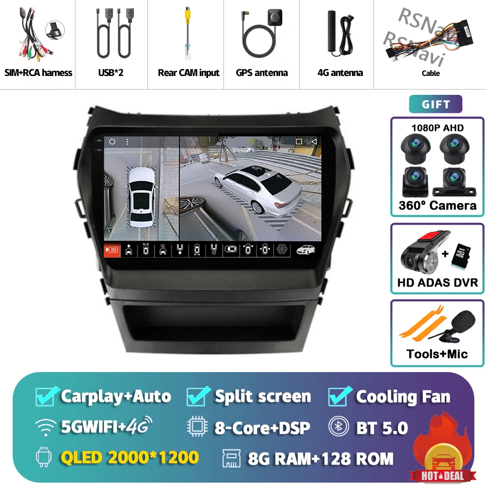 Android 15 Carplay Auto 2K Scherm Autoradio Multimedia Speler voor Hyundai Santa Fe 3 2013 - 2016 Autoradio GPS Stereo Head Unit