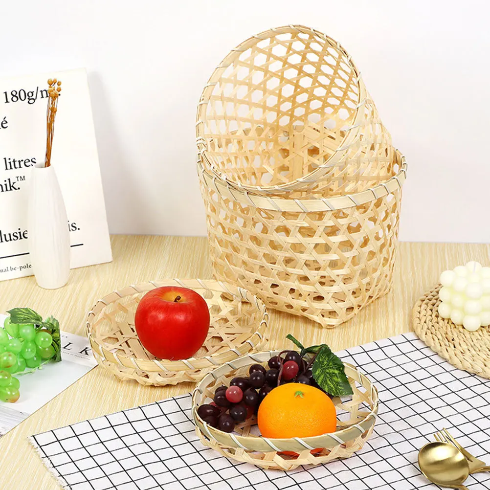 

2Pcs Woven Bamboo Basket Vintage Storage Basket Flat Stable Base Suitable for Fruit Vegetable Snack Holder Kitchen Home
