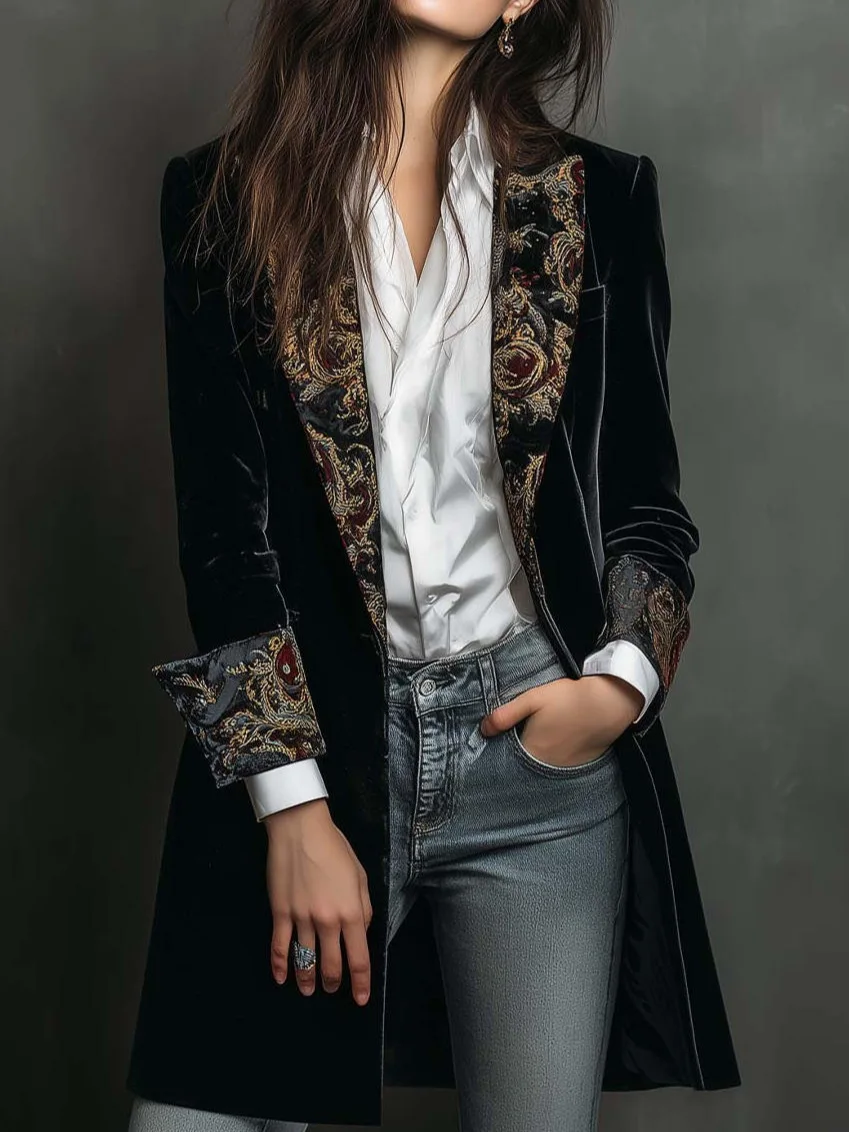 Vintage Damen Samt-Blazer, mittellang, mit Blumenstickerei, Revers, Patchwork, langen Ärmeln, schmal geschnitten, elegant, lässig, für Partys geeignet.