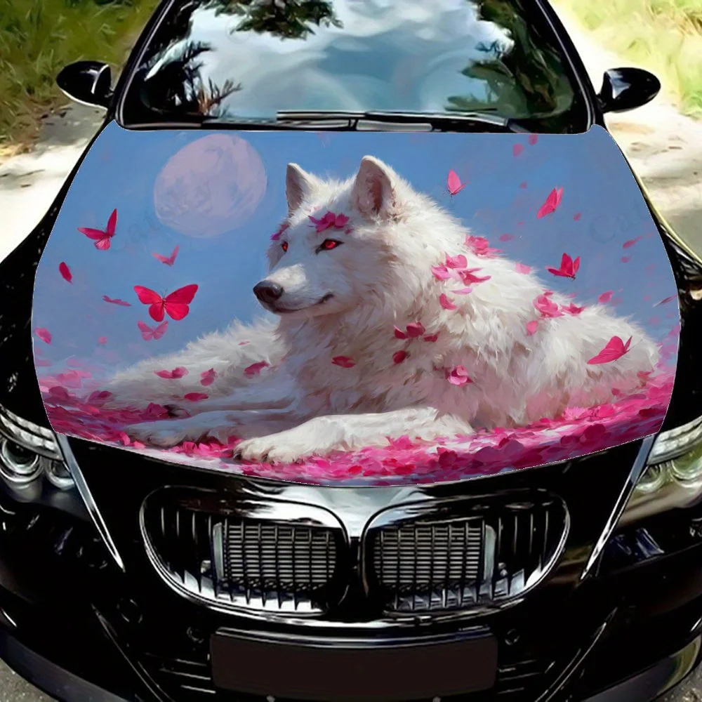 

Pink Petals White Wolf Car Film,PVC Waterproof Car Hood Sticker,self-adhesive Scratch Resistant Sticker,suitable For Trucks,cars
