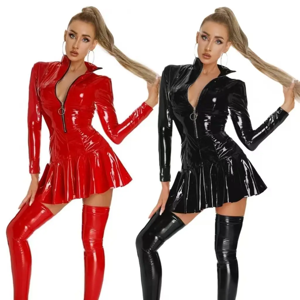 

Sexy Tight One-Piece PU Umbrella Skirt Dr Zipper Club Nightclub Attractiven Faionable Women's Clothing Ethnic Costume