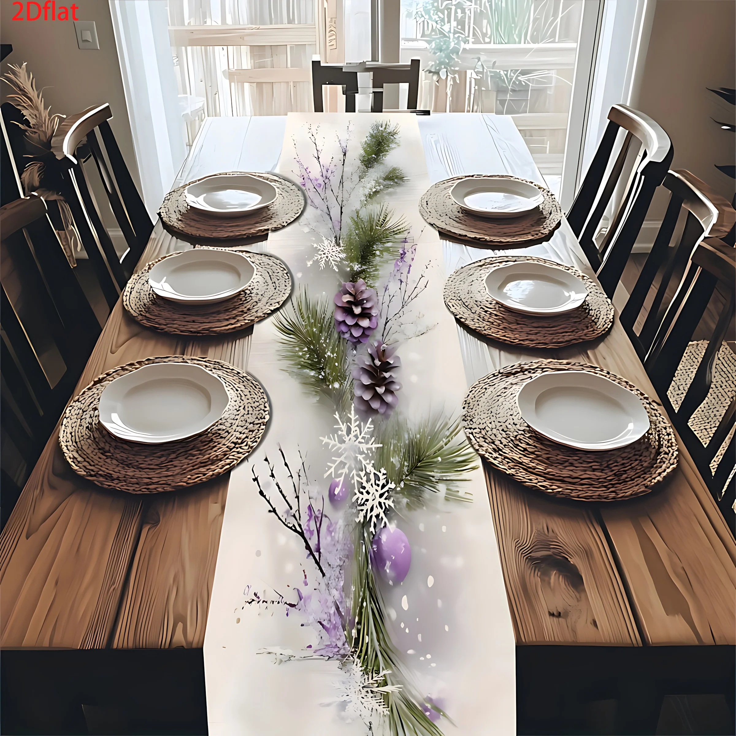 1 Piece of Elegant Purple Winter Table Runner with Cedar Branches, Lavender Flowers, and Snowflake Patterns, Suitable for Dinner Parties, Holiday Parties, Family Gatherings, Children's Activities, Themed Cafes, Home Decoration, Christmas Markets, Cozy Tea Parties